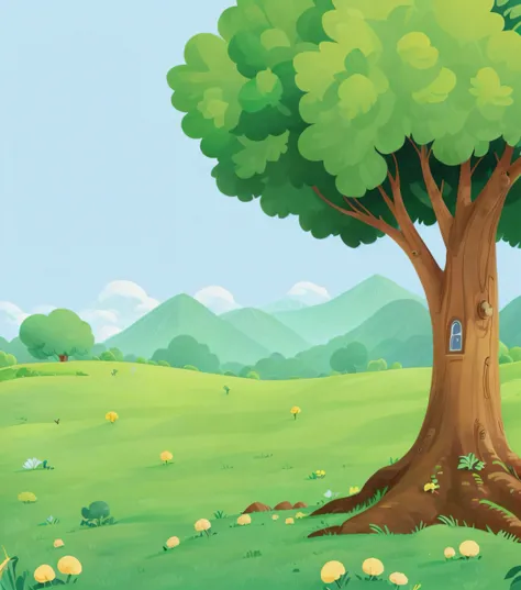 Storybook illustration，Illustration of a tree on green meadow，The background is mountains, arte de fundo, background artwork, Natural background, Landscape illustration, Park background, the tree is growing on a meadow, Natural background, setting in natur...