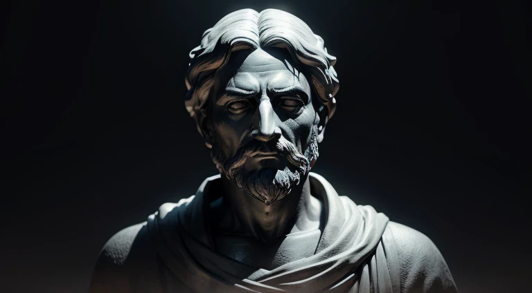 Realistic statue with all black background of ancient expression of philosopher Seneca Serene,natural  lightting, destacando detalhes, Destacando rosto.