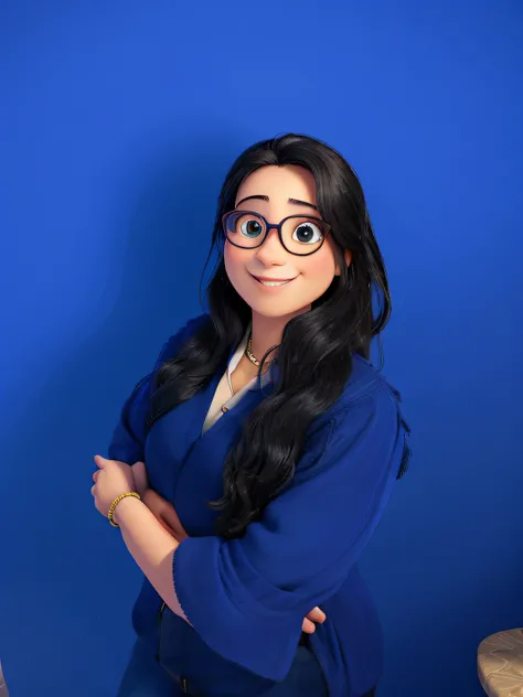 Smiling woman in glasses standing in front of a blue wall, imagem do avatar, fernanda suarez, Directed by: Hugo Sanchez Bonilla, Directed by: Alejandro Obregon, imagem retrato, Directed by: Ramon Silva, foto portait foto de perfil, julia fuentes, Alanis Gu...