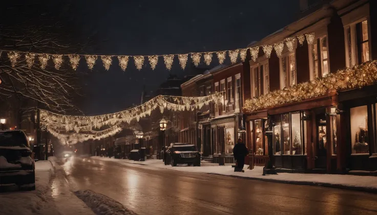 A charming city street adorned with ornate lampposts, snow-covered rooftops, and storefronts dressed in garlands and festive window displays.