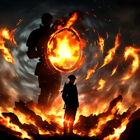 Different shades of flame in circular motion and a silhouette of a soldier standing in front of it