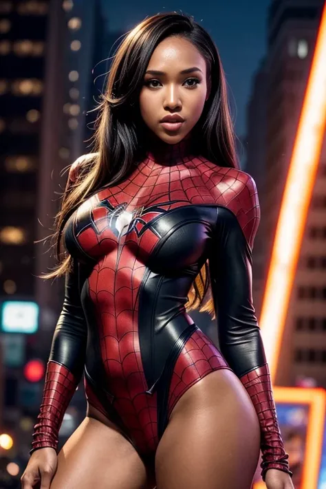 Candice Patton、Sticking out the navel、newyork、She wears a torn Spider-Man suit,wearing skirt、 Red and black color scheme,Dynamic、​masterpiece、top-quality、ultra-detailliert、ighly detailed、beautiful detailed brilliance、超A high resolution