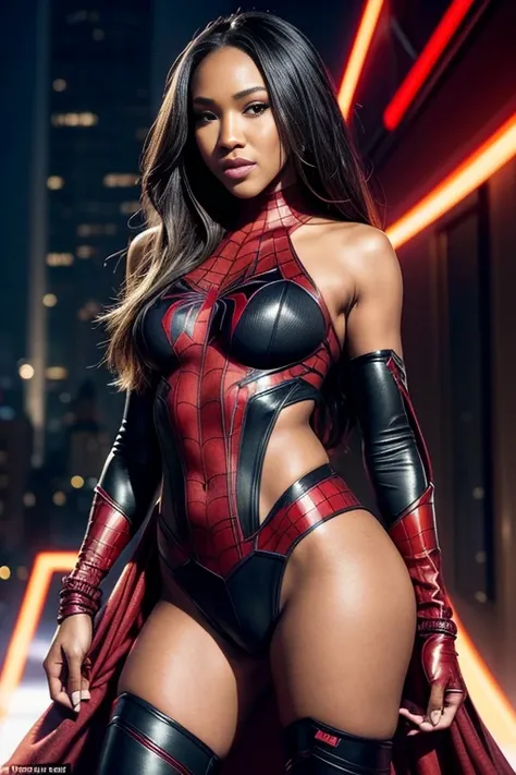 Candice Patton、Sticking out the navel、newyork、She wears a torn Spider-Man suit,wearing skirt、 Red and black color scheme,Dynamic、​masterpiece、top-quality、ultra-detailliert、ighly detailed、beautiful detailed brilliance、超A high resolution