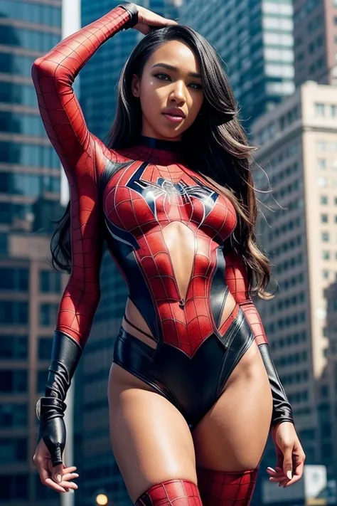 Candice Patton、Sticking out the navel、newyork、She wears a torn Spider-Man suit,wearing skirt、 Red and black color scheme,Dynamic、​masterpiece、top-quality、ultra-detailliert、ighly detailed、beautiful detailed brilliance、超A high resolution