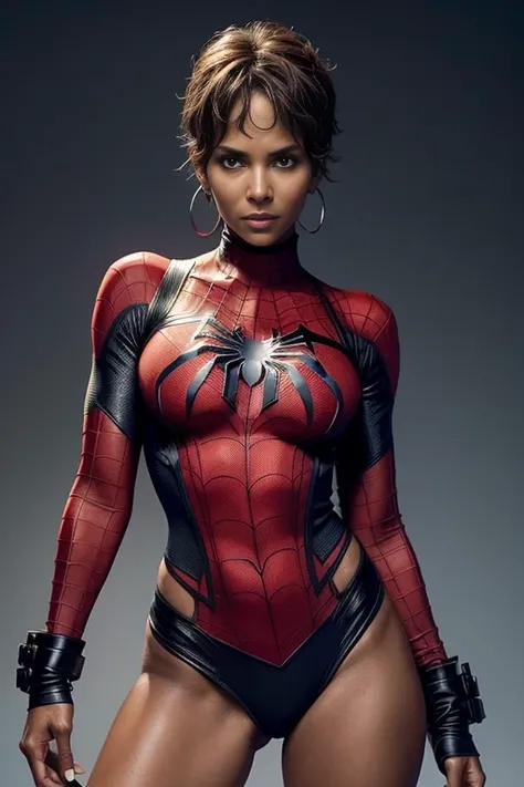 Halle Berry、Sticking out the navel、newyork、She wears a torn Spider-Man suit,wearing skirt、 Red and black color scheme,Dynamic、​masterpiece、top-quality、ultra-detailliert、ighly detailed、beautiful detailed brilliance、超A high resolution