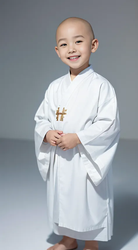 A 4-year-old little monk，bald-headed，Little boy，Round head，Chubby, smooth and fair face，With big charming eyes，二重まぶた，Thick eyebrows，High nose，Beautiful lips with a smile，Wearing a white cassock，Frontal photo，standing on your feet，Put your hands together，Ba...