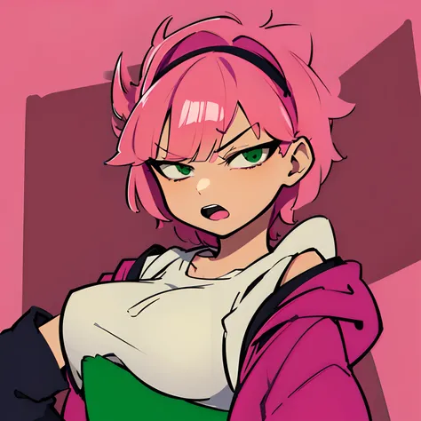 infuriated very angry anime female short pink hair green eyes no background