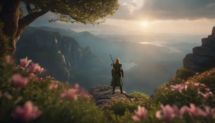 8K、4K、Masterpiece、top-quality、A hyper-realistic、highcontrast、The Legend of Zelda、A spectacular view of the legendary elven hero swordsman from the top of a cliff、In the distance, you can see a plain with flowers blooming