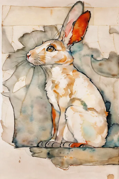 （Egon Schiele）A rabbit basking in the morning sun.(Ink on Japanese paper, which tends to bleed easily)(contemporary art like a picture book) (transparent watercolor) (light itself expressed as real) (layers of soft, rich colors) (shades of paint dissolved ...