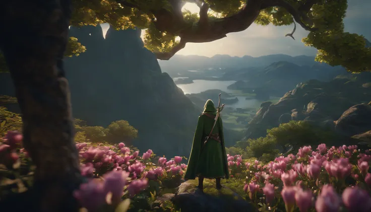 8K、4K、Masterpiece、top-quality、A hyper-realistic、highcontrast、The Legend of Zelda、A spectacular view of the legendary elven hero swordsman from the top of a cliff、In the distance, you can see a plain with flowers blooming