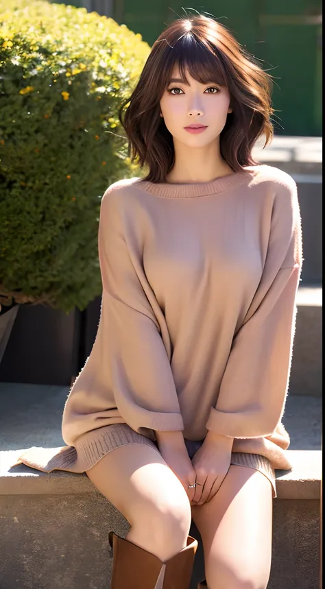 Best Quality, 8k, 32k, Masterpiece, UHD: 1.3), Attractive Japan Woman Pictures, One Girl, (full body : 1.0), Abs, Perfect Body, (oversized tunic sweater : 1.1), (boots:1.1), Ultra Detailed Face, Detailed Lips, Fine Eyes, Double Eyelids,short hair,Dishevele...