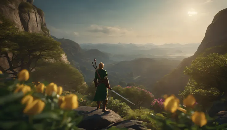 8K、4K、Masterpiece、top-quality、A hyper-realistic、highcontrast、The Legend of Zelda、A spectacular view of the legendary elven hero swordsman from the top of a cliff、In the distance, you can see a plain with flowers blooming