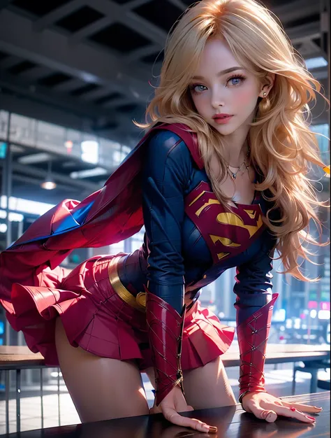 masterpiece, 4k, 8k, high quality, highly detailed, detailed face, HDR, vivid colors, natural lighting, Best Shadows, Shallow Depth of Field, Portrait of (Supergirl:1.1) standing on a rooftop, smiling, red skirt, red cape, red boots with heels, delicate, a...