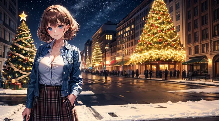 1girl, solo, christmas, ((christmas tree)), street, night, lights, snow, short hair, chestnut hair, curly hair, large breasts, button down, ((opened brown zipper jacket)), dark blue eyes, ((blue shirt)), ((checked shirt)), ((unbuttoned shirt)), ((long skir...