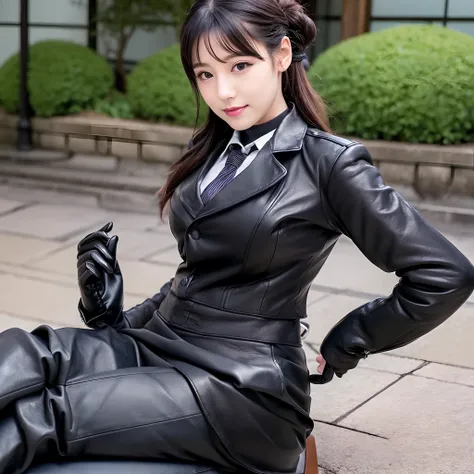 He wears black leather gloves on both hands、Black leather tight skirt, Black Leather Blazer, Black leather long boots, Sit with your feet together in a plush leather chair, Hair tied behind her, Cute schoolgirl in Japan