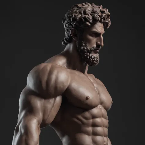 Greek god statue in a dark studio, muscled body statue, bodybuilding pose, man statue, bearded Greek god, minimal background, classic physique.