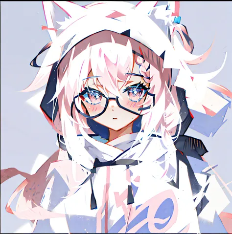 roblox anime girl, messy hair pink, Braid ponytail, y2k cat hood white, white blouse striped, dizzy face