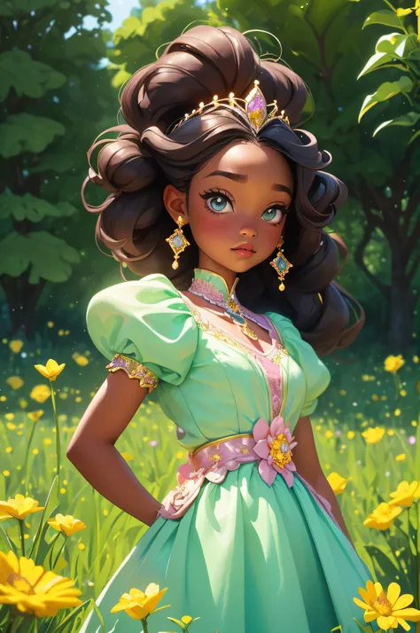 a young 6-year-old black princess, full of wonder and magic, stands in a field of blooming flowers. her long green dress, in the...