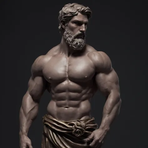 Greek god statue in a dark studio, muscled body statue, bodybuilding pose, man statue, bearded Greek god, minimal background, classic physique.