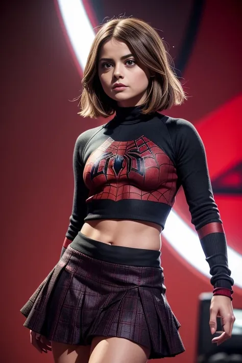 Jenna Louise Coleman、Sticking out the navel、newyork、She wears a torn Spider-Man suit,wearing skirt、 Red and black color scheme,Dynamic、​masterpiece、top-quality、ultra-detailliert、ighly detailed、beautiful detailed brilliance、超A high resolution