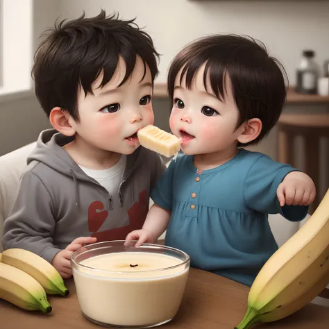 A 1-year-old child is eating banana milk from his fathers hand.