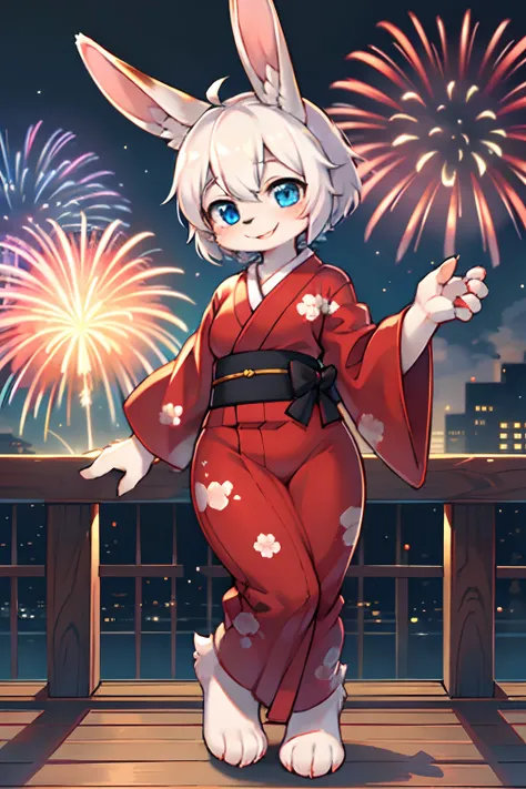 furry, Women, bara, Full body, Furry rabbit, (Furry rabbit ears), (short ears;), (Rabbit tail), Short Hair Hair, (white), firework, Blue-eyed, (beautidul eyes), red face, A cheerful smile, immature, Yukata, (red),