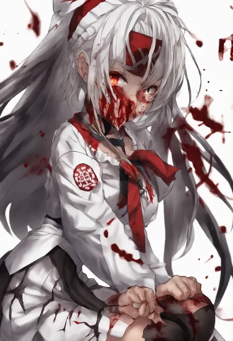 masterpiece, highest quality, highest detail, 1 girl,
BREAK, horror, (Small injured girl, blood, bleeding, injury), Shining white hair, jewel-like red eyes, anime highlight eyes, (Nurse uniform: 1.4), (White tight miniskirt: 1.2), White pantyhose, scarred ...