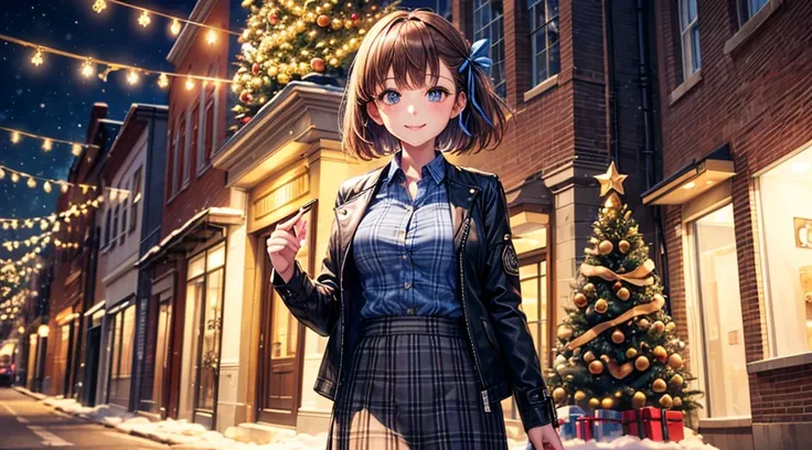 1girl, solo, ((christmas tree)), street, lights, snow, short hair, chestnut hair, large breasts, button down, ((opened brown zipper jacket)), dark blue eyes, ((blue shirt)), ((checked shirt)), ((unbuttoned shirt)), ((long skirt)), smile, looking at the vie...