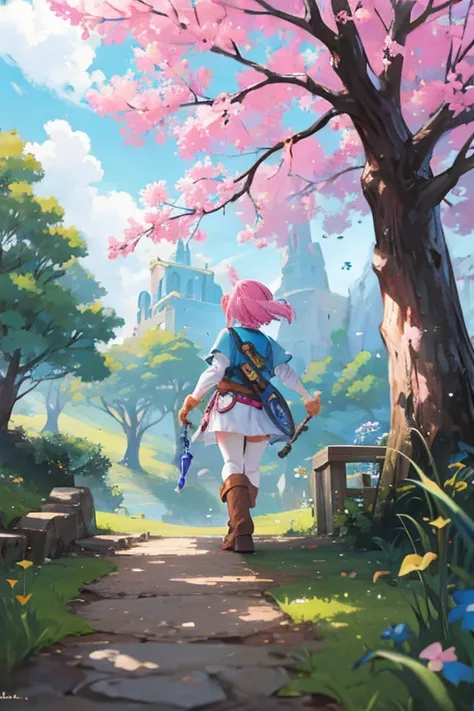 A pink haired adventurer is wandering through the land of zelda.