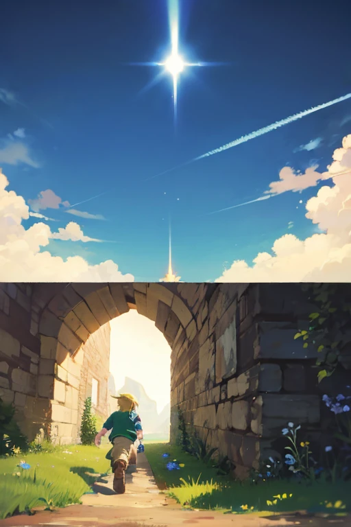 Link is waking through the landscape of zelda.