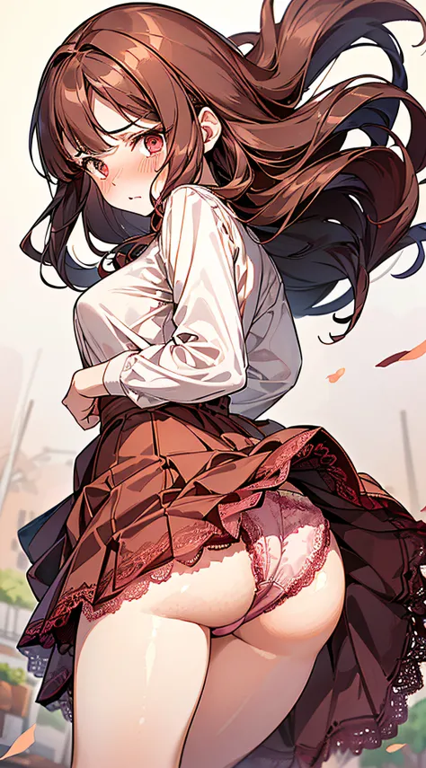 1womanl,dark brown hair,Long Wave Hair、a 20 yo woman、((Impatient expression)),Beautiful Medium Big、White shirt,Red Mini Flared Skirt,well-styled,,(Facing the front)(((Blushing cheeks、embarassed expression)),(((The skirt is rolled up by the wind)))、((facing...