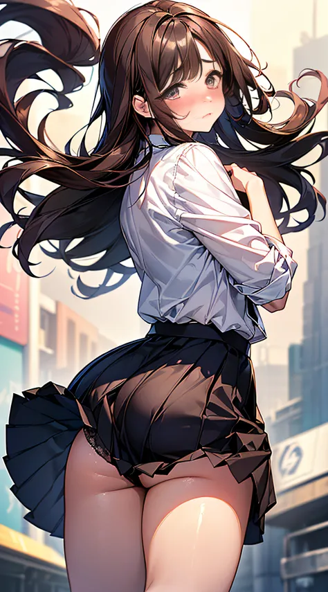 1womanl,dark brown hair,Long Wave Hair、a 20 yo woman、((Impatient expression)),Beautiful Medium Big、White shirt,Navy blue mini pleated skirt,well-styled,,(Facing the front)(((Blushing cheeks、embarassed expression)),(((The skirt is rolled up by the wind)))、P...