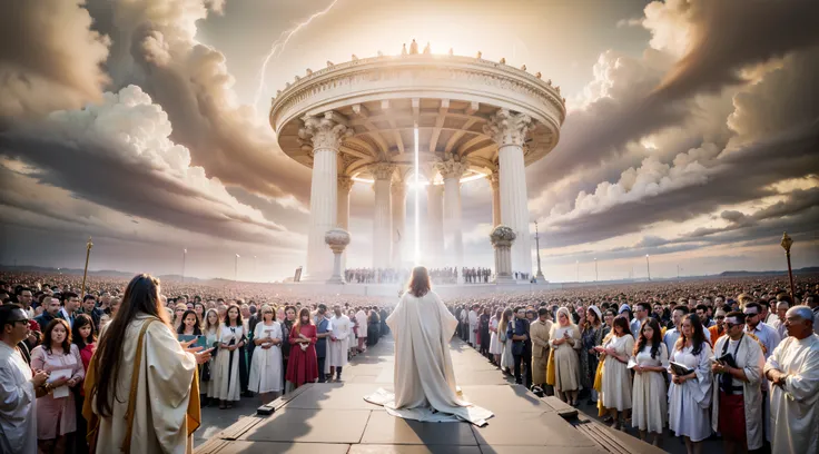 A stunning image depicting the Doomsday scenario, conforme descrito em Apocalipse 20:11. O trono branco onde Jesus se senta se destaca no centro da cena, surrounded by white clouds and lightning, simbolizando a majestade divina. Powerful angels are present...