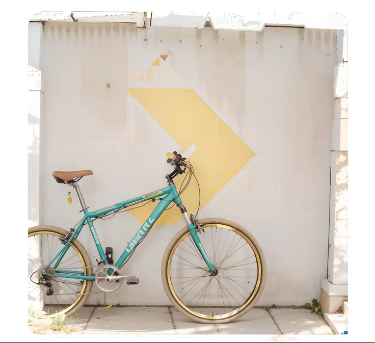 Theres a bike in high definition, encostada a uma parede com uma seta amarela, bicicleta no fundo, granulado, bicicleta, foto colorida, ocultar geometria, illustration!, geometria, ciclismo!!, foto granulada, cor polaroid foto, Bicicletas, em um Canva amar...