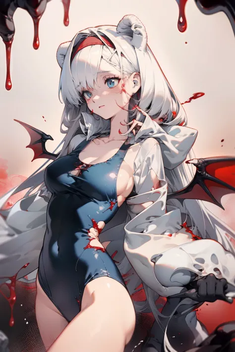 Leakage out of the collarbone，Neck leakage，White color hair，succubi，have demon wings，There are wounds on the body，The wound bleeds，Deep V one-piece swimsuit，Bigboobs，Blood droplets splattered，lineage，Red silk thread