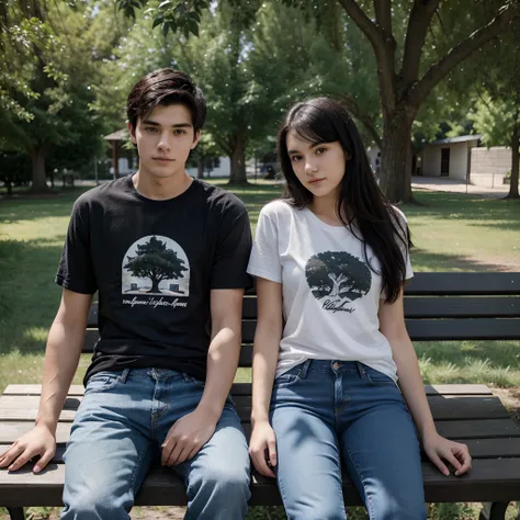 18 year old woman, 20 year old man, wearing a t-shirt and jeans, black hair, sitting on a bench with lots of trees around