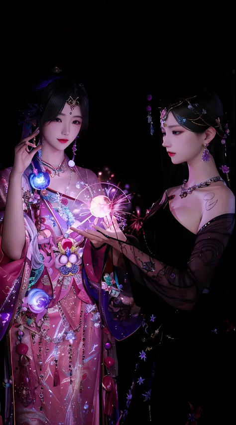 There are two women in costumes holding fireworks, nixeu and sakimichan, WLOP and Sakimichan, glowing with magic, ethereal essence, emanating magic from her palms, 🌺 CGSesociety, Ethereal fantasy, astral witch clothes, queen and ruler of the universe, xian...