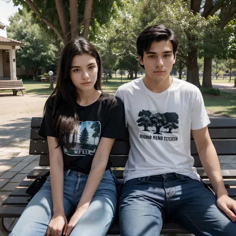 18 year old woman, 20 year old man, wearing a t-shirt and jeans, black hair, sitting on a bench with lots of trees around