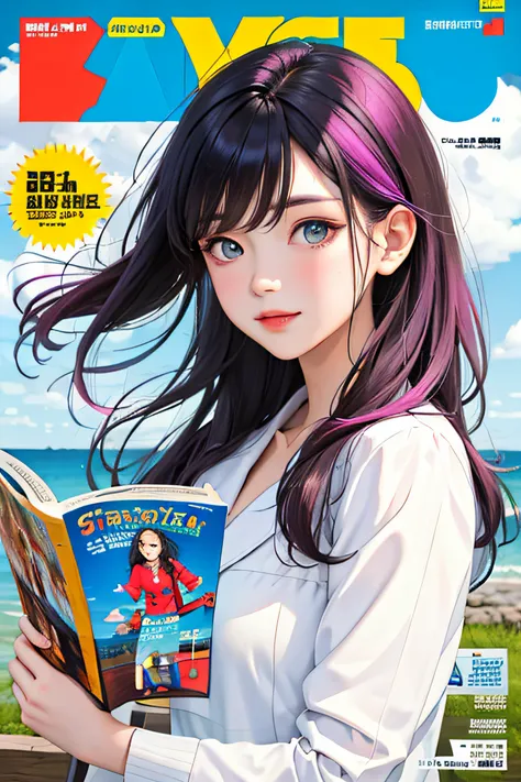 masterpiece, best quality, spring outfit, colorful hair, outdoor, magazine cover ,upper body,