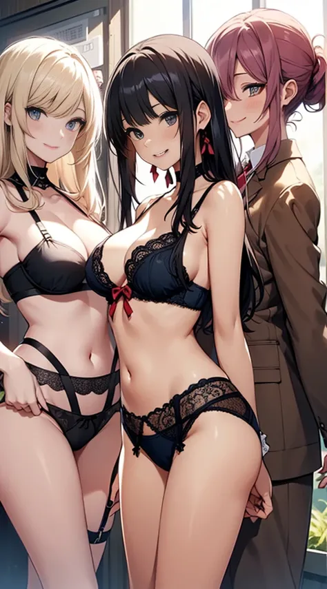 ((((Multiple characters from the harem were depicted with smiles))))、Masterpiece illustrations with the highest image quality and ultra-high resolution、Beautuful Women、Detailed eyes、Troubled face、red blush、Navel Ejection、Pink lingerie,Leopard print bra tri...