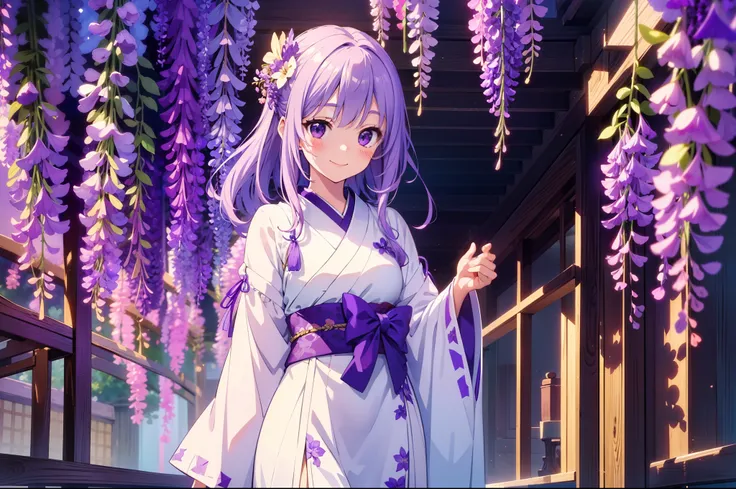 1 cute girl ,Japanese clothing, standing,cowboy shot , (wisteria trellis ), character focus,(from below:0.7) , (violet lighting), cinematic lighting, smile  , ((masterpiece)), ((best quality)), ((ultra-detailed)), (illustration), ((an extremely delicate an...