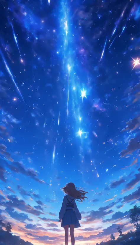 Overall blue impression。Shooting stars in the night sky。Woman looking up at the sky。length hair。profile。Fantastic sky。Clear sky。Floating stars and planets。fantastic。High quality in every detail。fantastic landscape。People who are far away々