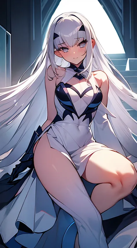 White-haired woman,Beautiful purple eyes,White silk dress,Beautiful dress, It has a black armor covering all vital organs except the face................, Wear a knee-length white dress.................,The arm does not reach the top of the hip...............