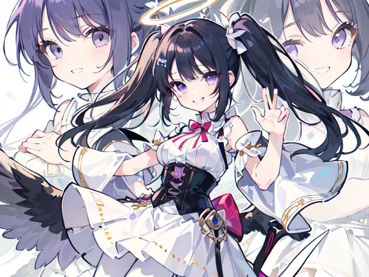 (solo, dynamic pose, zoom, flying, white skirt, white pantyhose black hair, twintails, white skirt, corset, halo, delicate face, little girl, medium breast, round eyes, wing on the waist, purple eyes, god ray, smile with grin, happy:1.2)