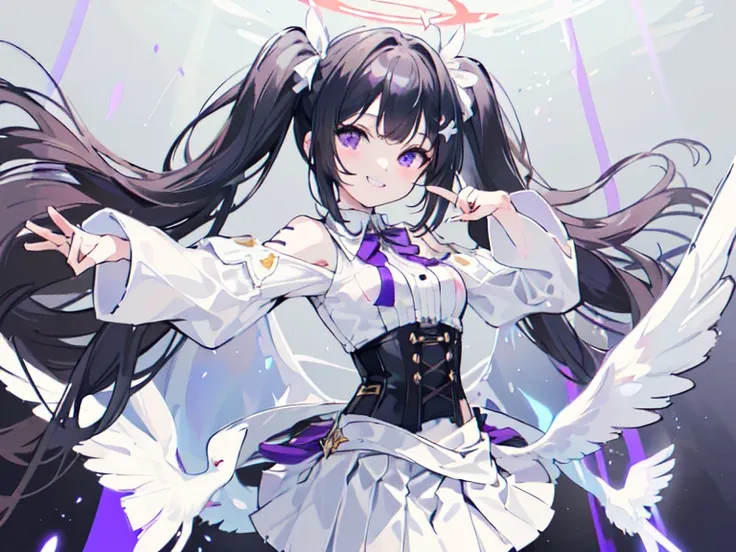 (solo, dynamic pose, bust up, flying, white skirt, white pantyhose black hair, twintails, white skirt, corset, halo, delicate face, little girl, medium breast, round eyes, wing on the waist, purple eyes, god ray, smile with grin, happy:1.2)