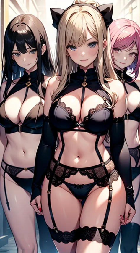 ((((Multiple characters from the harem were depicted with smiles))))、Masterpiece illustrations with the highest quality and ultra-high resolution、Beautuful Women、Detailed eyes、Troubled face、red blush、Navel Ejection、Pink lingerie,Leopard print bra trimmed w...