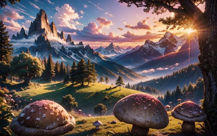 masterpiece: 1.4, fantasy, sunset, big pink clouds, fairytail, mountains on the background, little insects on the foreground, little mushrooms under trees