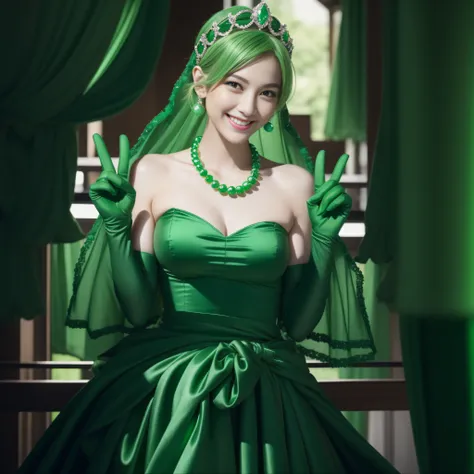 emerald tiara, Green Pearl Necklace, Boyish very short green hair, lipsticks, Japan woman smiling, very short short hair, big breasts beautiful, Green eyes, Long green gloves made of satin material, Green eyes, Emerald Earrings, green vale, v sign