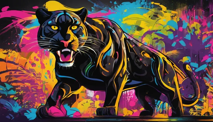 Graceful Black Panther, bright yellow eyes 1.4, Tropical Rainforest,  2D art games, Detailed character expressions, close up, in the style of soft brushstroke realism, Dark and neon colors,  ::1 neckline ::-0.5 --ar 2:3 - without splitting