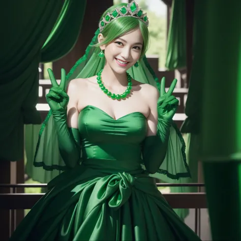 emerald tiara, Green Pearl Necklace, Boyish very short green hair, lipsticks, Japan woman smiling, very short short hair, big breasts beautiful, Green eyes, Long green gloves made of satin material, Green eyes, Emerald Earrings, green vale, v sign